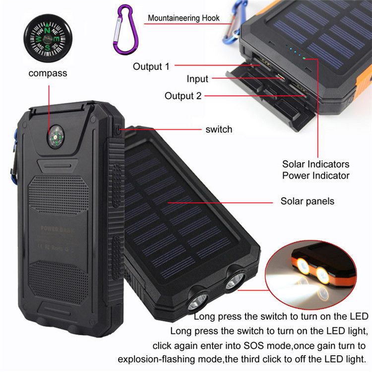 10000mAh Portable Fast Charging Power Bank 2USB Solar Charging with